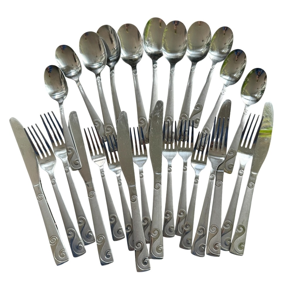 Vintage Stainless Steel Flatware 27 Pieces Swirl MCM Cambridge Sand Script